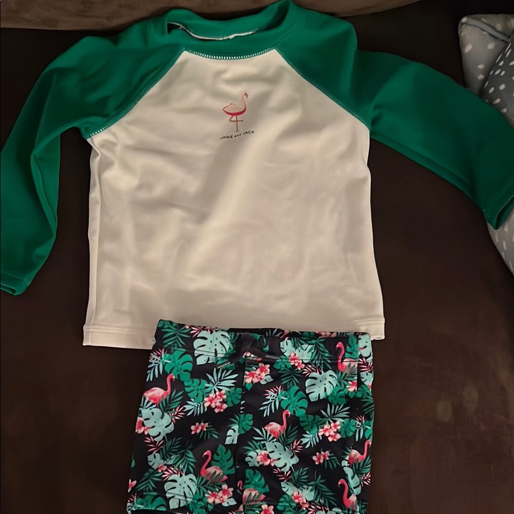 Janie and Jack Green Flamingo Swim Set